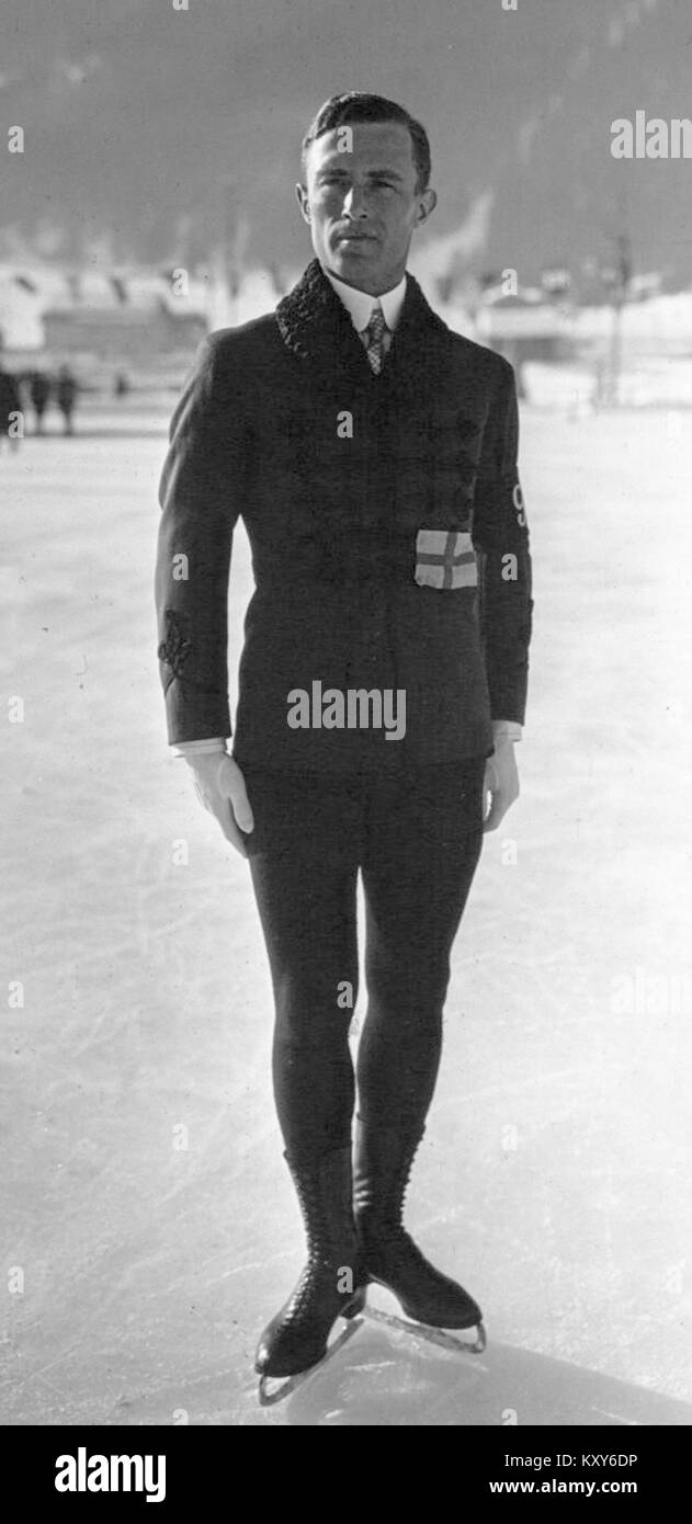 1924 gewann der schwedische Eiskunstläufer Gillis Grafström die olympische Goldmedaille beim Eiskunstlauf-Einzelrennen der Männer, die Mitte seiner drei aufeinanderfolgenden Olympiasiege war, was einen Höhepunkt in seiner sportlichen Karriere bedeutete. Stockfoto