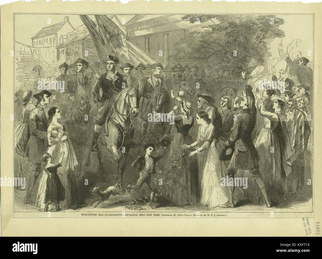 Eine Illustration mit dem Titel „Evakuierungstag – Washingtons Eingang in New York“ von Emmet, die George Washingtons triumphalen Einzug in New York City am 25. November 1783 darstellt und das Ende der britischen Besatzung markiert. Stockfoto