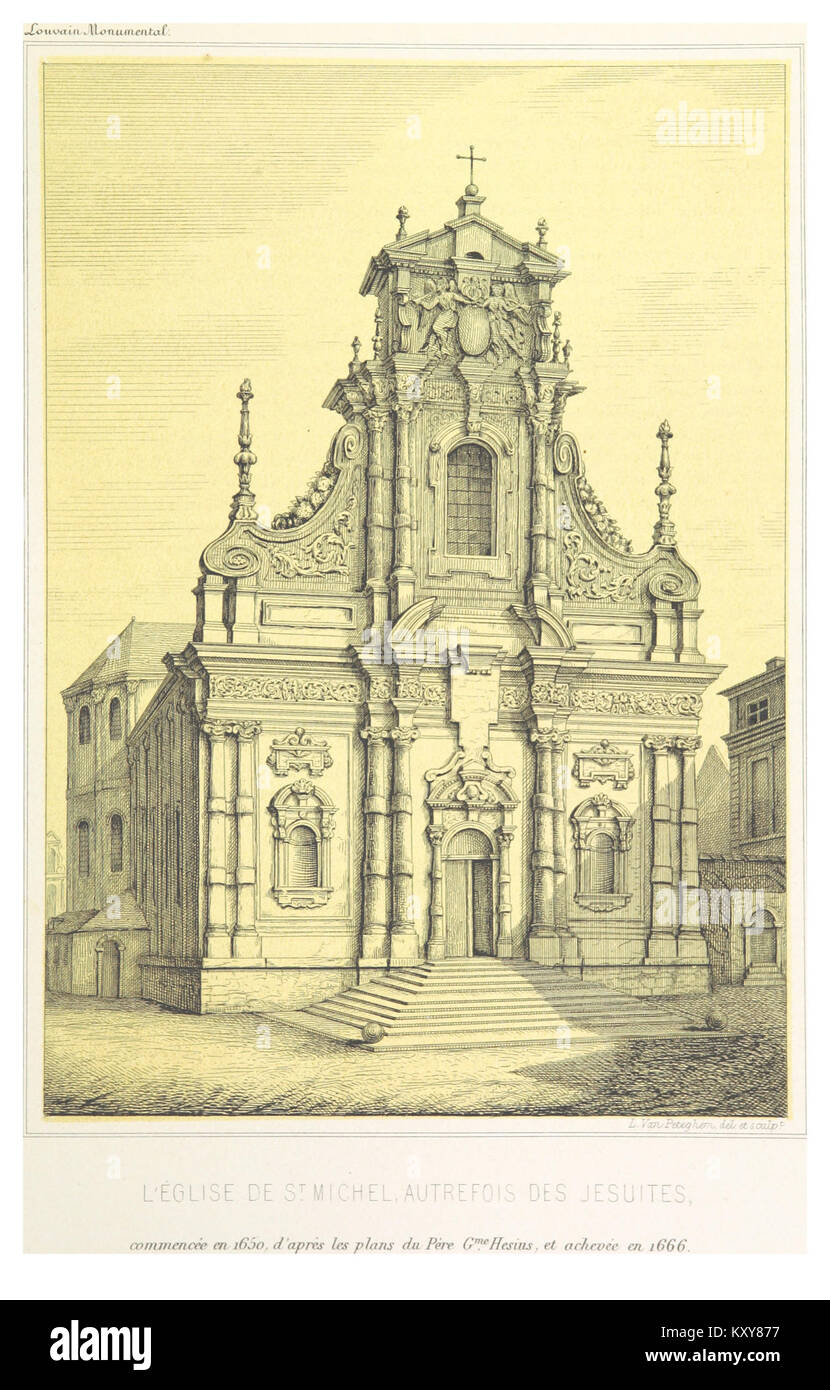 Diese historische Illustration aus dem Jahr 1860, gefunden in *EVEN*, zeigt die Kirche St. Michael, einst eine Jesuitenkirche, die zwischen 1650 und 1666 erbaut wurde. Sie spiegelt die architektonische und religiöse Bedeutung der Zeit wider. Stockfoto