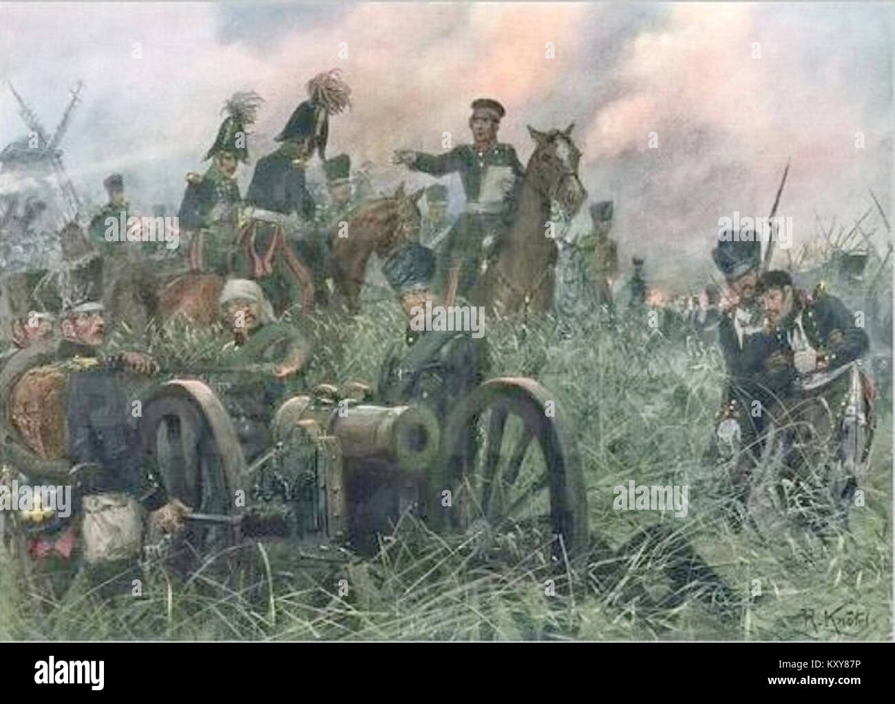 Dieses Kunstwerk von Richard Knötel zeigt den preußischen General Gneisenau während der Schlacht von Ligny, ein bedeutendes Ereignis in den Napoleonischen Kriegen. Das Gemälde fängt die militärische Strategie und Atmosphäre der Zeit ein. Stockfoto