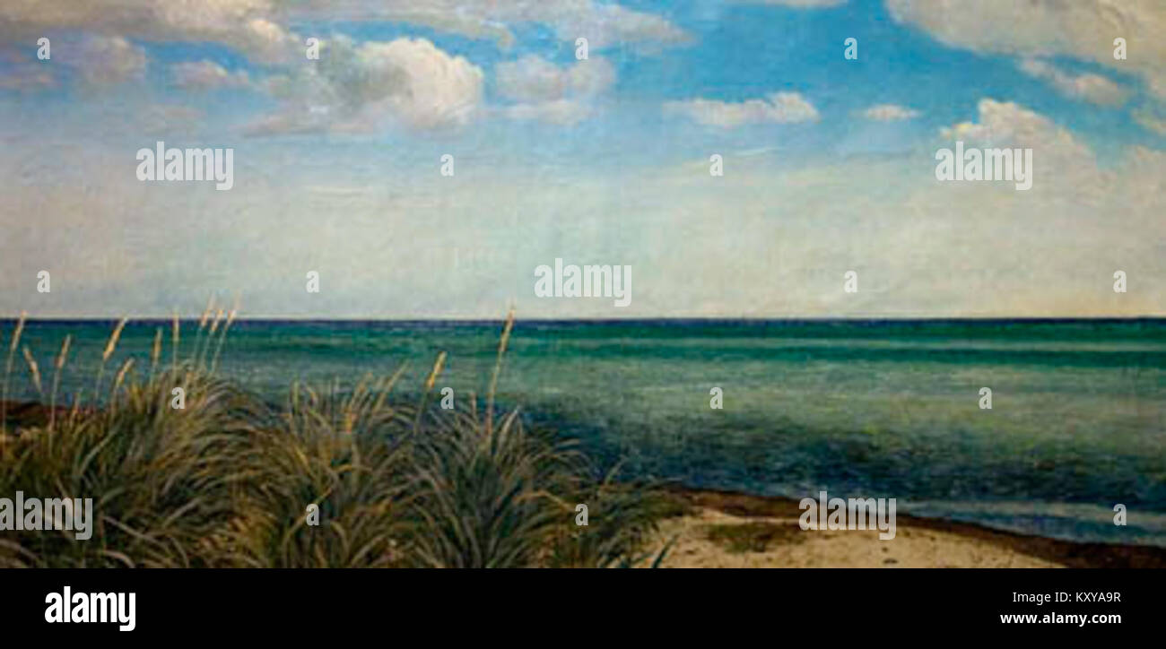 Das Gemälde des dänischen Künstlers L.A. Ring aus dem Jahr 1911 zeigt die Region Greve Strand in Dänemark und zeigt eine ruhige Küstenlandschaft, die den dänischen Realismus und die Wertschätzung der Natur des frühen 20. Jahrhunderts widerspiegelt. Stockfoto