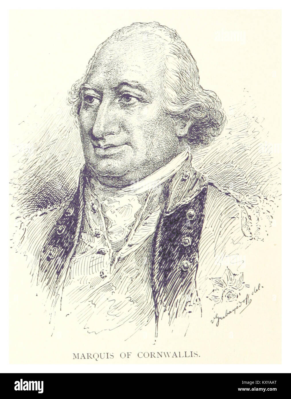 Dieses Porträt des Marquis von Cornwallis aus dem Jahr 1890 zeigt die Figur in historischer Kleidung. Das Gemälde greift den formalen Porträtstil des späten 19. Jahrhunderts auf und spiegelt die kulturellen Normen der Zeit wider. Stockfoto