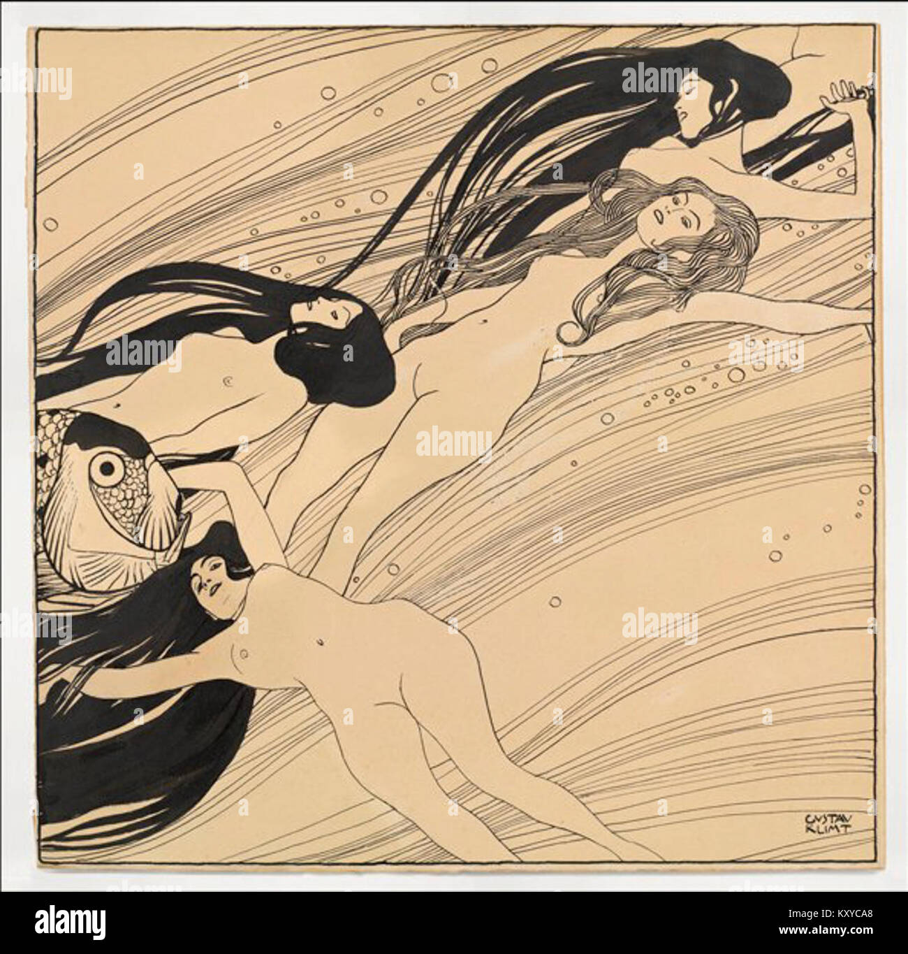 Gustav Klimts Zeichnung „Fischblut“ aus dem Jahr 1898 ist in Indien mit Tinte und Stift auf braunem Papier ausgeführt und zeigt die detaillierte Linienarbeit und den symbolischen frühen Stil des Künstlers. Stockfoto