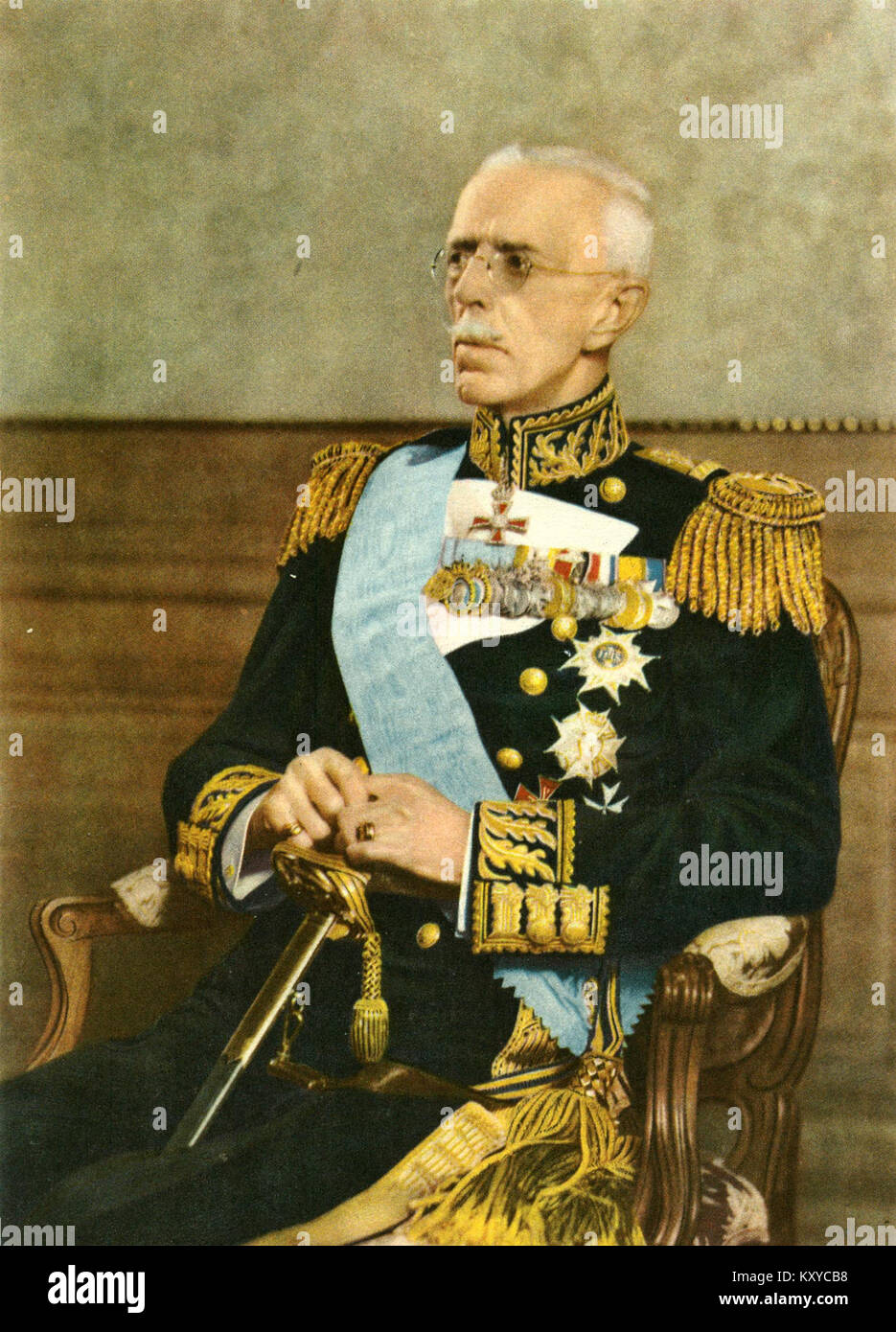 Ein Farbfoto von König Gustaf V. von Schweden, das das Gleichnis des Monarchen während seiner Regierungszeit im frühen 20. Jahrhundert feststellt. Stockfoto