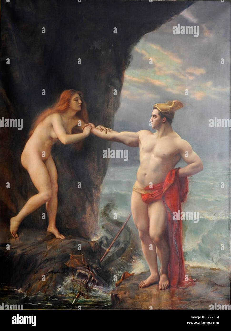Gustave Courtois’ Gemälde „Perseus Deliving Andromeda“ aus dem Jahr 1913 veranschaulicht die mythologische Rettungsszene mit neoklassizistischem Stil und dramatischer Komposition. Stockfoto