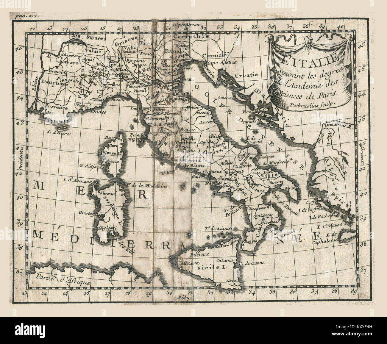 Die Buffier Geographiekarte Italiens ist eine historische Bildkarte, die Italiens geographische Regionen und politische Grenzen zu Studienzwecken zeigt. Stockfoto