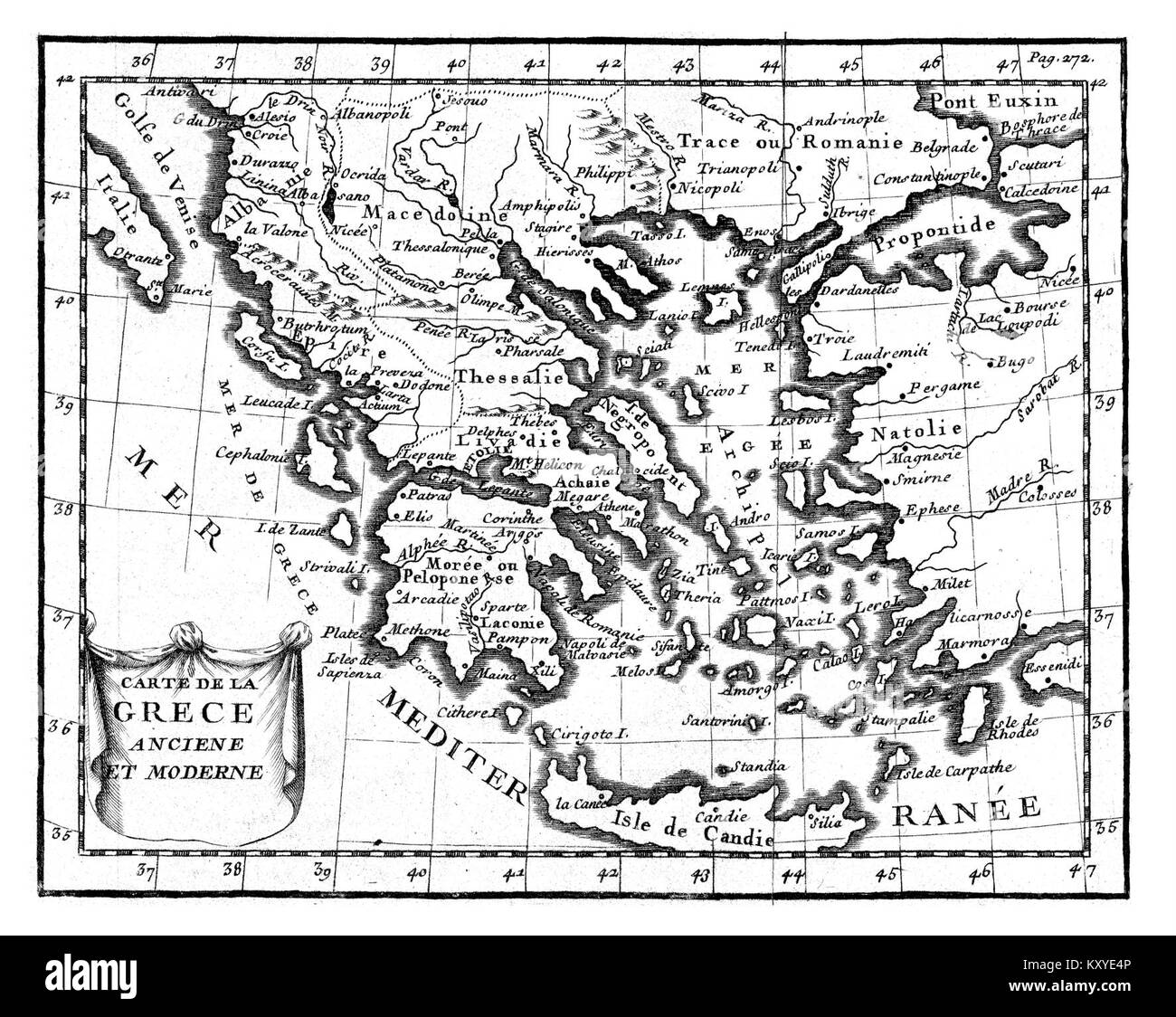 Antike Karte mit dem Titel „Géographie Buffier – Carte de la Grèce“, die die Geographie Griechenlands mit regionalen Grenzen und topographischen Details darstellt. Stockfoto