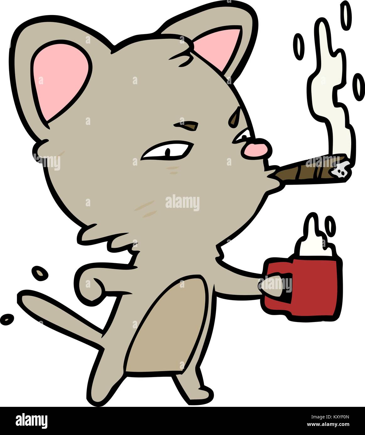 Cartoon ernstes Geschäft Katze mit Kaffee und Zigarre Stock Vektor