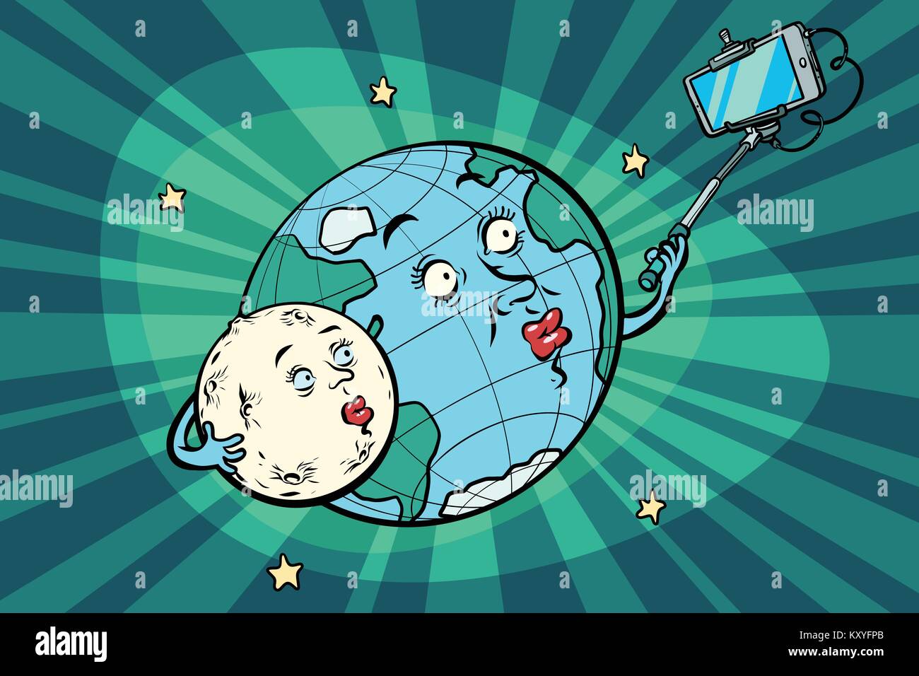 Erde und Mond Paar unter selfie am Telefon. Comic cartoon Pop Art retro Zeichnung Abbildung Stock Vektor Erde und Mond Paar unter selfie am Telefon. Comic cartoon Pop Art retro Zeichnung Abbildung Stock Vektor