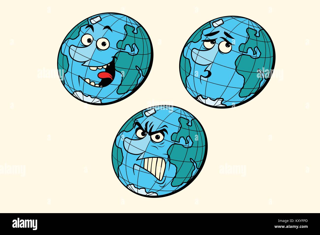 Stellen Sie Emotionen Planet Erde Zeichen. auf weißem Hintergrund isolieren. Comic cartoon Pop Art retro Zeichnung Abbildung Stock Vektor