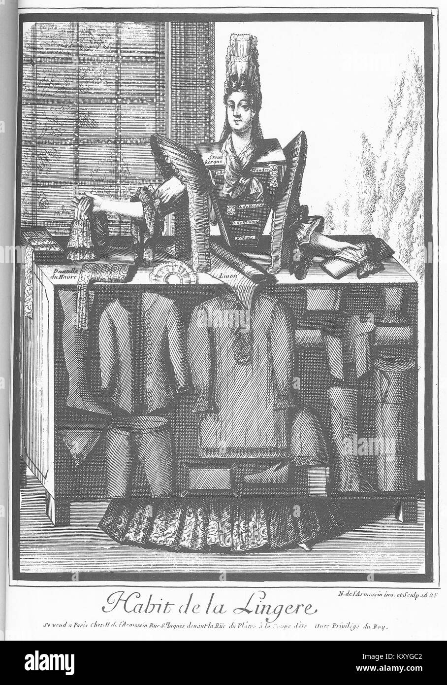 Eine französische Darstellung aus dem 17. Jahrhundert, die die traditionelle Kleidung einer Wäscherin zeigt und typische Arbeiterkleidung und Stoffstile dieser Zeit veranschaulicht. Stockfoto