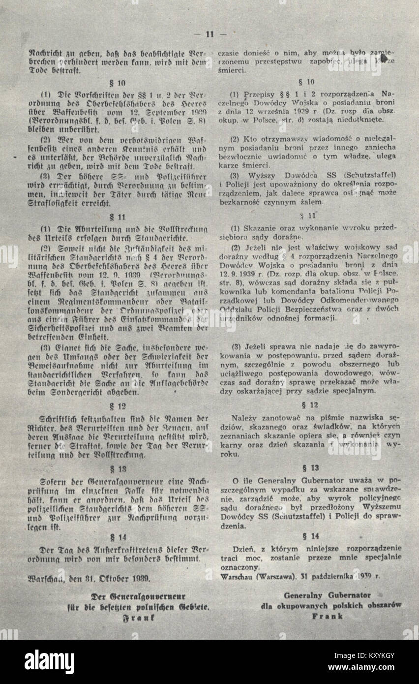 Diese Verordnung von Hans Frank im Generalgouvernement während des Zweiten Weltkriegs beschreibt Maßnahmen, die ergriffen wurden, um Gewalttaten im besetzten Polen entgegenzuwirken. Sie spiegelt die harte Verwaltungspolitik wider, die unter der Nazi-Besatzung durchgesetzt wurde. Stockfoto