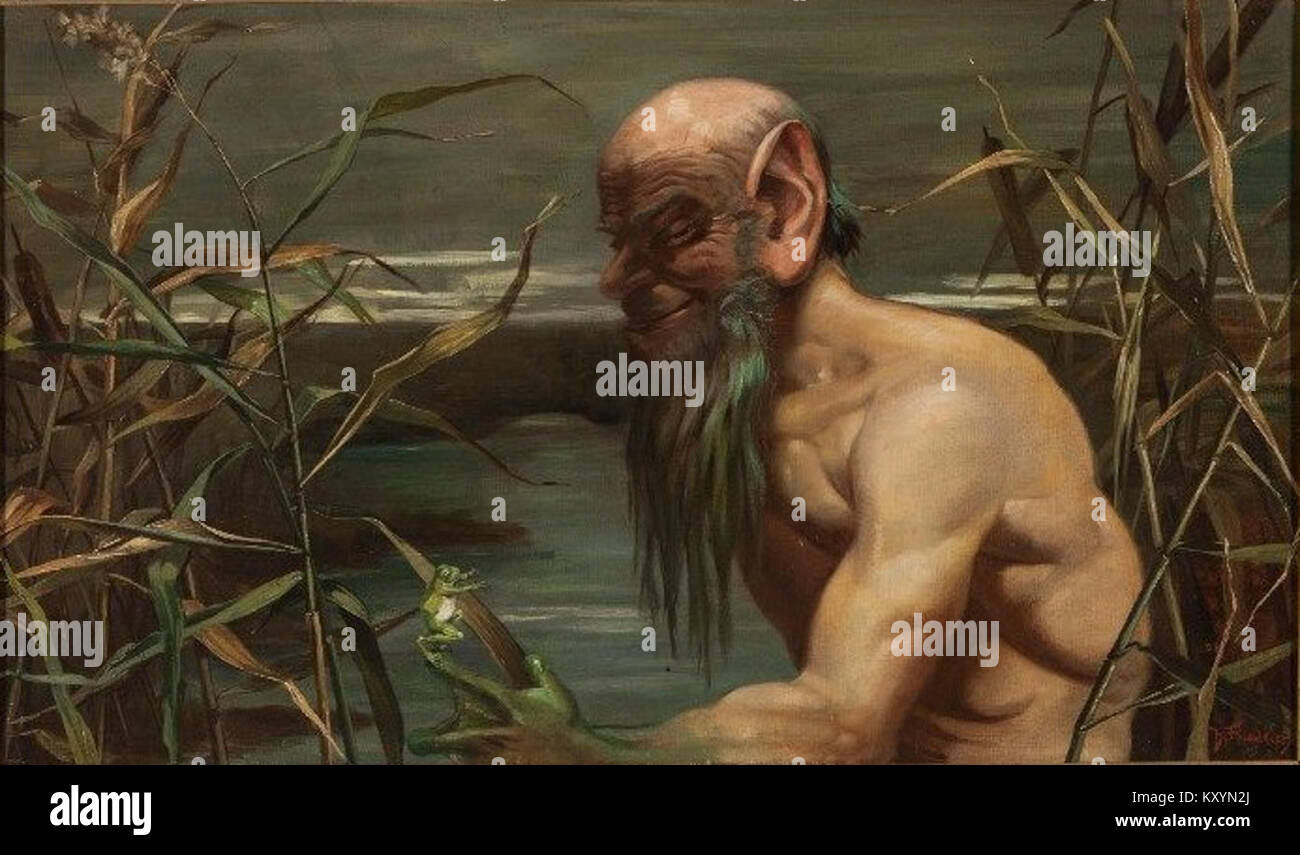 Der Wassermann von Harald Friedrich, datiert um 1900, ist ein Kunstwerk, das die Wasserträgerfigur im Stil der Jahrhundertwende darstellt und sowohl die mythologische Ikonographie als auch die Ästhetik dieser Zeit einfängt. Stockfoto