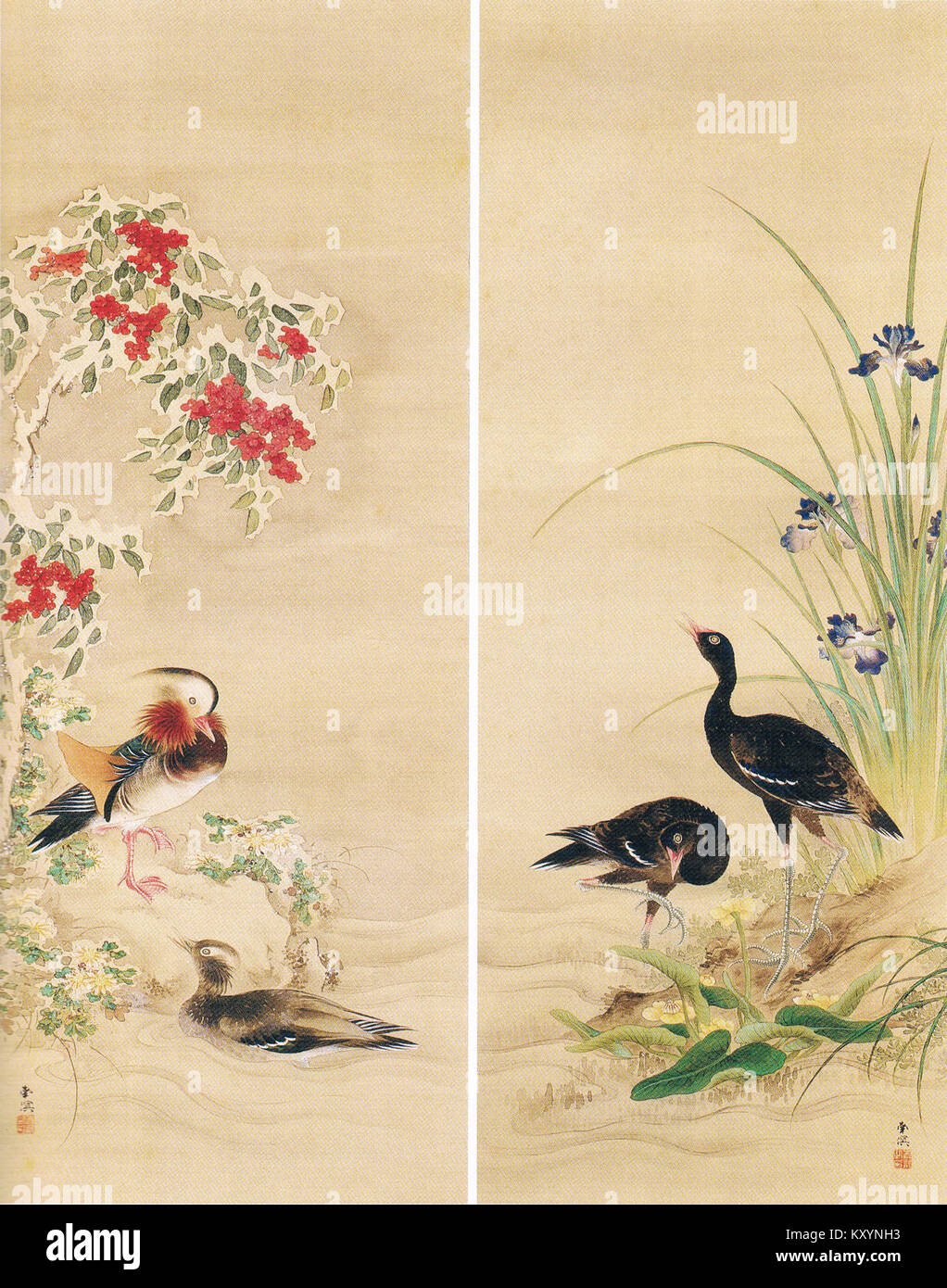 „Kachozu“ von Haruki Nanmei ist ein japanisches Gemälde, das Vögel und Blumen in zwei hängenden Rollen darstellt, die traditionelle Themen der Kunst der Edo-Zeit und von der Natur inspirierte Kompositionen darstellen. Stockfoto