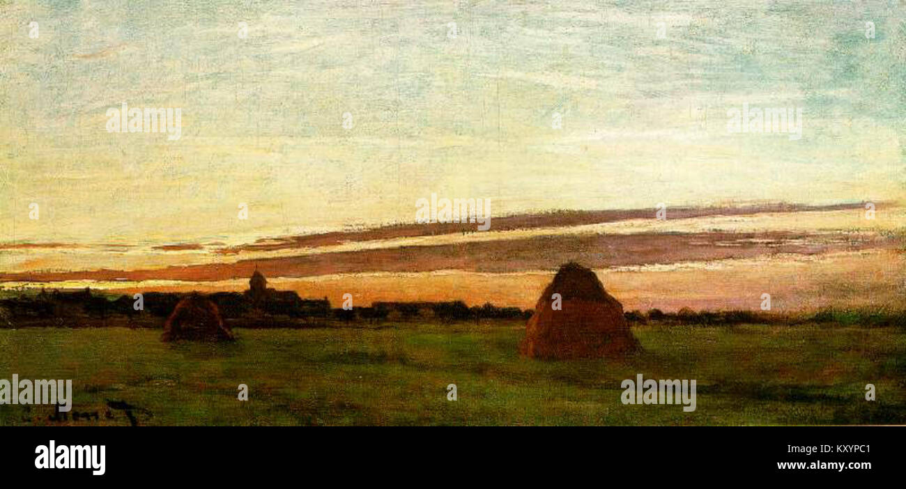Heuballen in Chailly bei Sonnenaufgang, 1865, Öl auf Leinwand, 11 x 23 7-8 3-4 Zoll (30 x 60 cm), San Diego Museum der Kunst Stockfoto