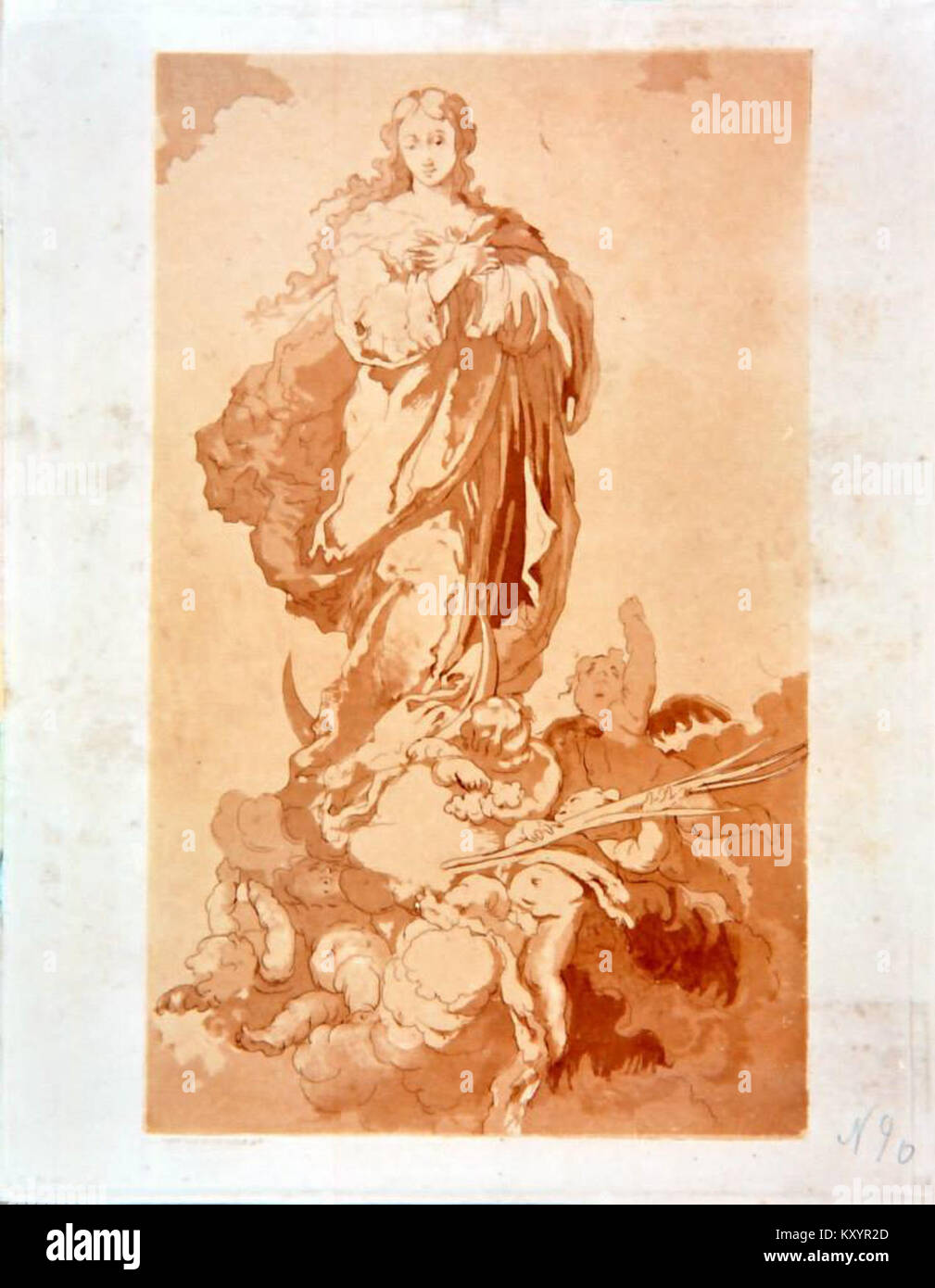 Der Faksimile-Druck von Bartolomé Esteban Murillos La Pura-y-Inmaculada von Juan José Martínez de Espinosa reproduziert das spanische Barockgemälde aus dem 17. Jahrhundert, das die Unbefleckte Empfängnis in hingebungsvollen Bildern darstellt. Stockfoto