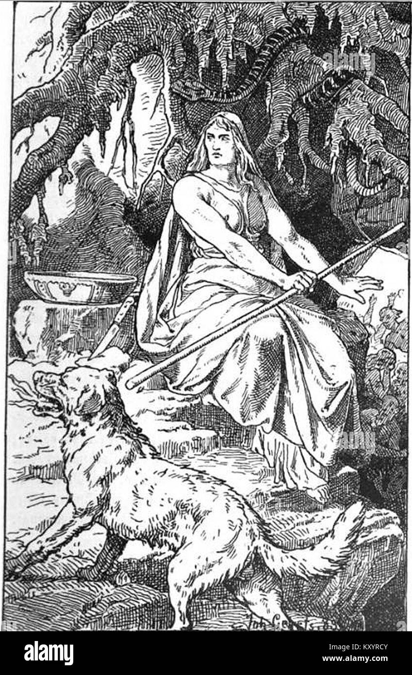 „Hel“ (1889) von Johannes Gehrts zeigt die nordische Göttin Hel, Herrscherin der Unterwelt in der nordischen Mythologie. Das Kunstwerk reflektiert die Interpretation mythologischer Themen aus dem späten 19. Jahrhundert in der deutschen Kunst. Stockfoto