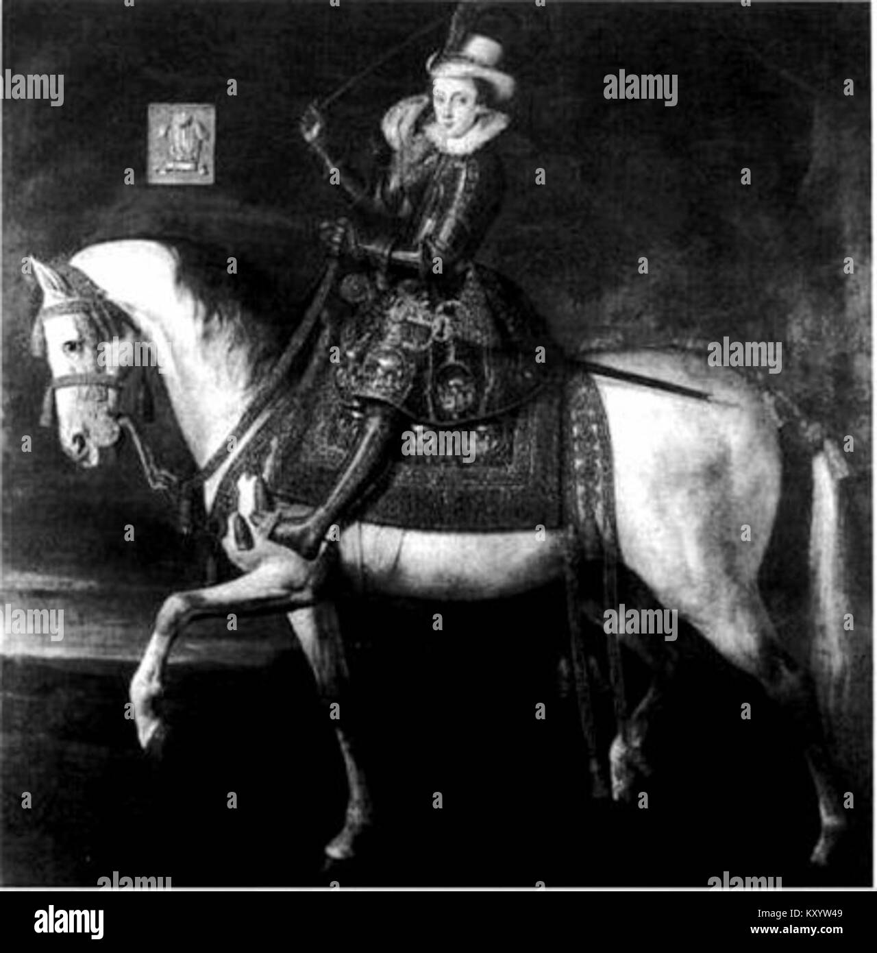 Das Porträt von Henry, Prince of Wales, gemalt von Robert Peake um 1610, zeigt den Prinzen, der auf einem Pferd in Rüstung reitet und die königliche Macht und ritterliche ideale im England des frühen 17. Jahrhunderts repräsentiert. Stockfoto