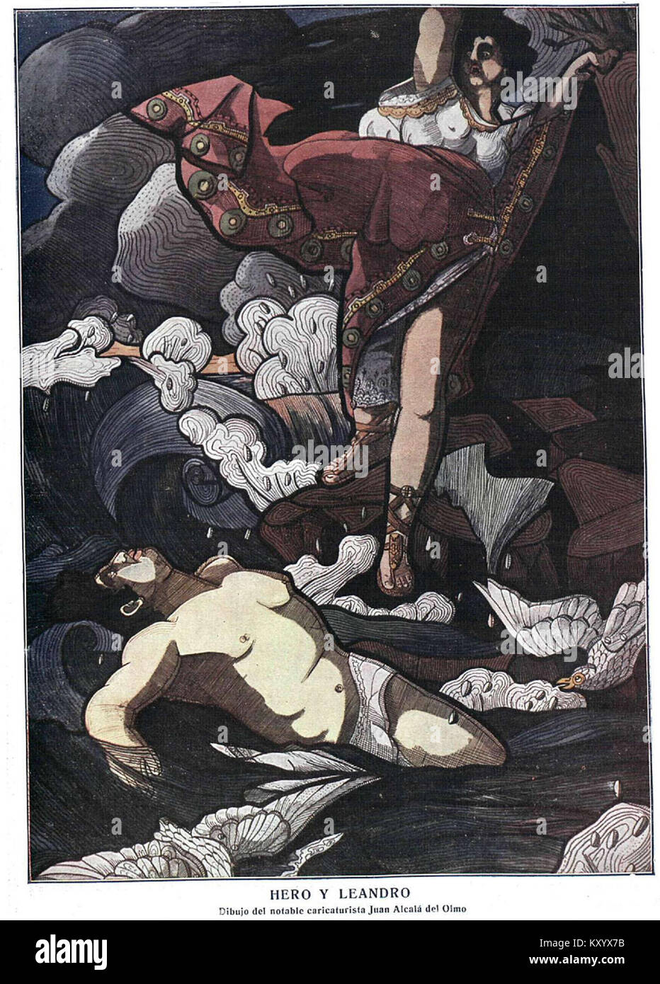 Hero y Leandro, ein Gemälde von Juan Alcalá del Olmo, das die klassische mythologische Geschichte von Hero und Leander in einem visuellen künstlerischen Medium darstellt. Stockfoto