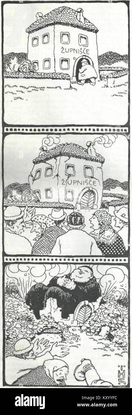 Hinko Smrekars „Posledice požrešnosti“ veranschaulicht die Folgen der Völlerei, indem er expressive Figuren und symbolische Bilder verwendet und die slowenische Illustration des frühen 20. Jahrhunderts widerspiegelt. Stockfoto