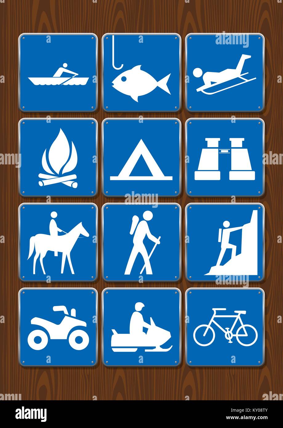Einstellen der Symbole von Aktivitäten im Freien: Rudern, Angeln, Lagerfeuer, Camping, Fernglas, Reiten, Wandern, Klettern, Motorrad, Radfahren. Stock Vektor