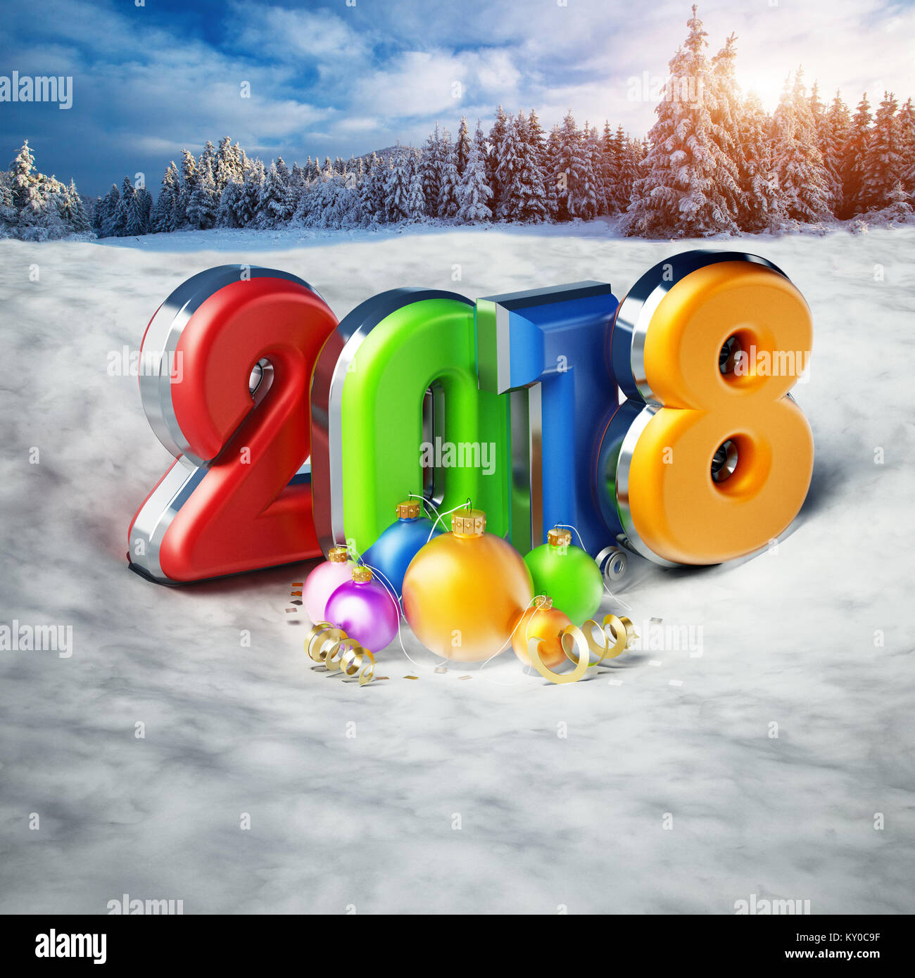 Mehrfarbige Nummer 2018 und Ornamente auf Schnee. 3D-Darstellung. Stockfoto