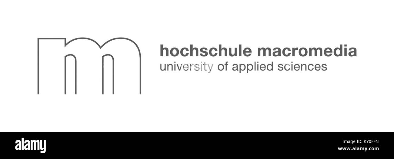 Die Hochschule Macromedia ist eine deutsche Hochschule, die sich auf Medien-, Kunst- und Designpädagogik spezialisiert hat und ein Logo für die moderne Hochschulbildung trägt. Stockfoto