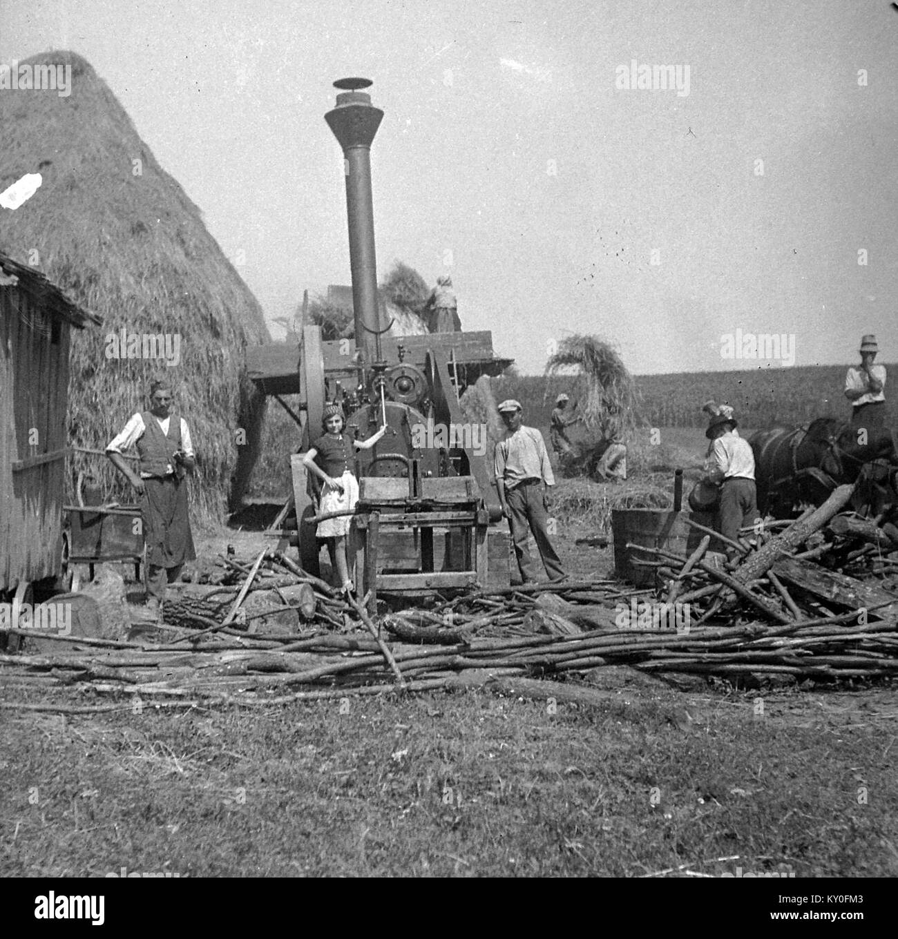 Foto von Hofherr-Schrantz-Clayton-Shuttleworth Dresch- und Dampfmaschinen, die industrielle landwirtschaftliche Geräte des frühen 20. Jahrhunderts zeigen. Stockfoto