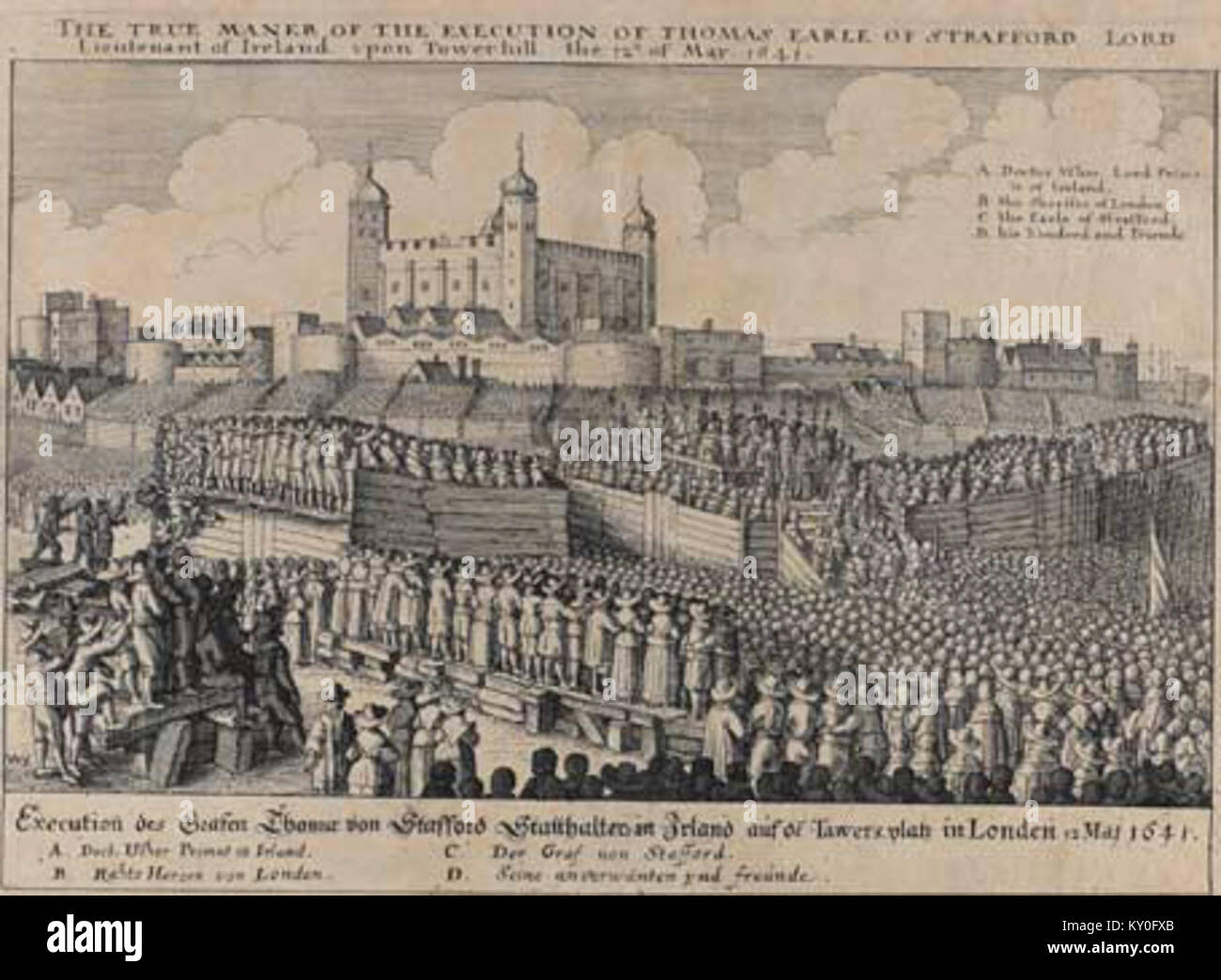 Kupferstich von Václav Hollar, der die Hinrichtung des Earl of Strafford im Europa des 17. Jahrhunderts zeigt und historische politische Ereignisse hervorhebt. Stockfoto