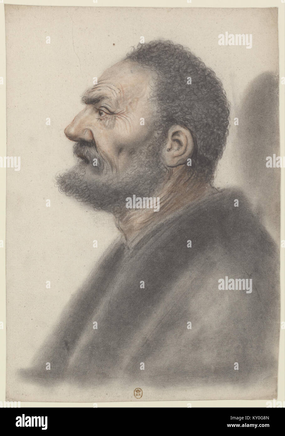 Ein Porträt von Nicolas Lagneau, das einen Mann mit kurzem Bart und lockigem Haar zeigt, dessen Kopf leicht angehoben und nach links gedreht ist, charakteristisch für die französische Porträtzeichnung des 17. Jahrhunderts. Stockfoto
