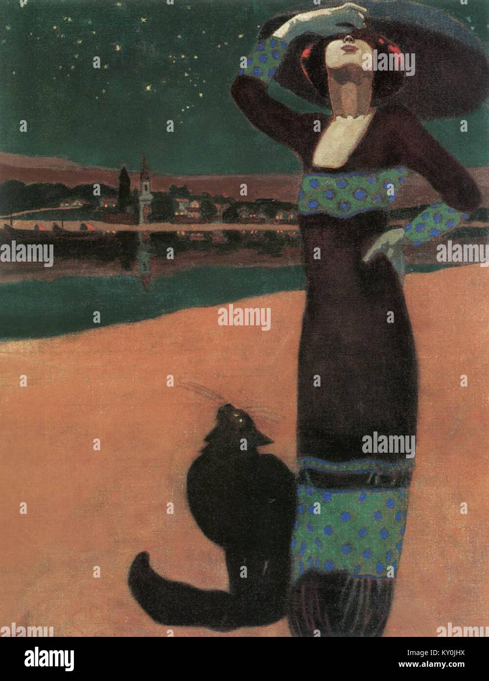 „Slim Woman with a Cat“ (1913) von Géza Faragó ist ein Porträtbild mit einer schlanken Frau, die eine Katze hält. Stockfoto
