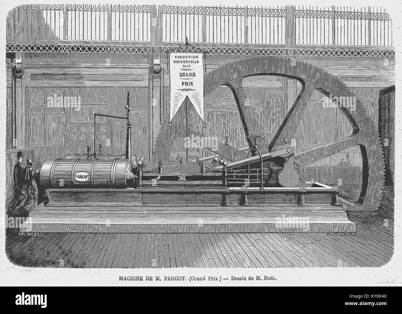 Die horizontale Dampfmaschine Farcot 1867, hergestellt in Frankreich, verfügt über einen Kurbelmechanismus mit niedriger Welle und ein Kondensatorsystem, das ursprünglich in Pumpen- und Fabrikanwendungen verwendet wurde. Sie veranschaulicht die Industrietechnik der Mitte des 19. Jahrhunderts und den Übergang zu mechanischer Leistung. Stockfoto