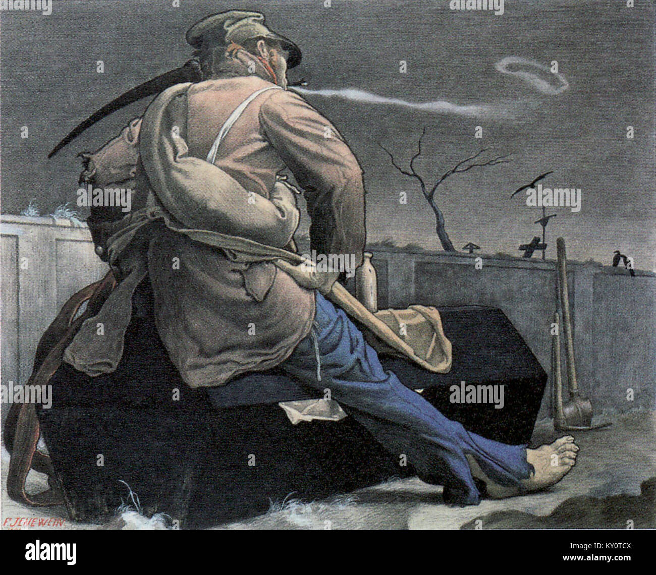 Pohřeb sebevraha ist ein Gemälde von Felix Jenewein aus dem Jahr 1901, das eine düstere Szene einer Beerdigung darstellt und die emotionale Tiefe und die sozialen Fragen der Zeit veranschaulicht. Stockfoto