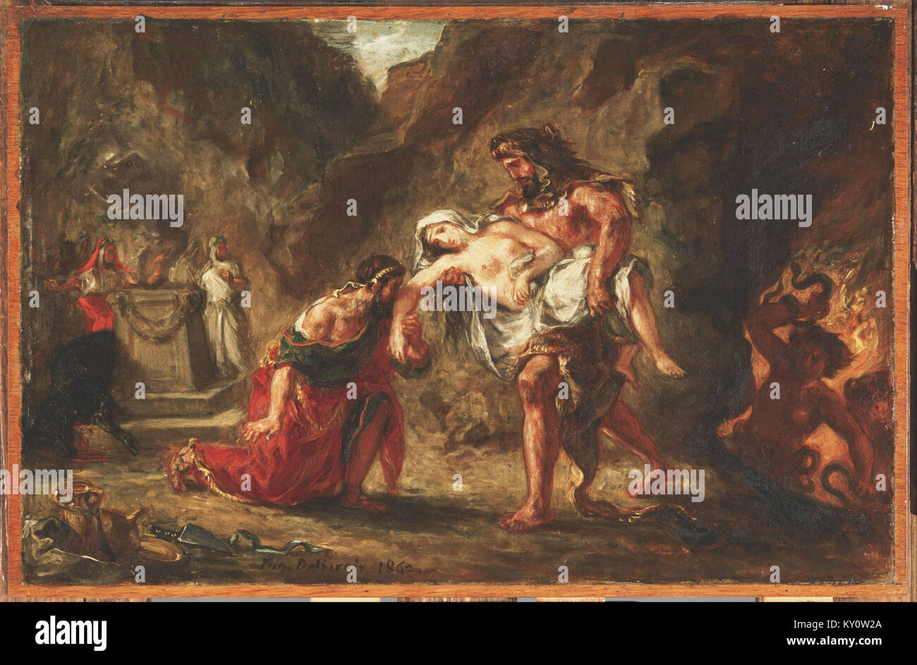 Dieses Gemälde von Ferdinand-Victor-Eugène Delacroix mit dem Titel „Herkules und Alcestis“ zeigt eine mythologische Szene. Delacroix’ dramatische Verwendung von Farbe und Form unterstreicht die emotionale Intensität der Geschichte. Stockfoto