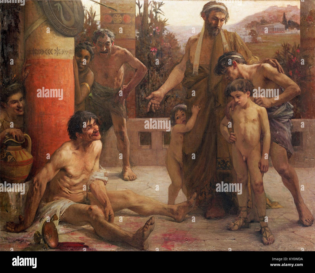 Fernand Sabattés Gemälde „Ein Spartan zeigt seine Söhne ein betrunkener Helot“ aus dem Jahr 1900 zeigt eine historische Szene aus dem alten Sparta und veranschaulicht die soziale und familiäre Dynamik. Stockfoto