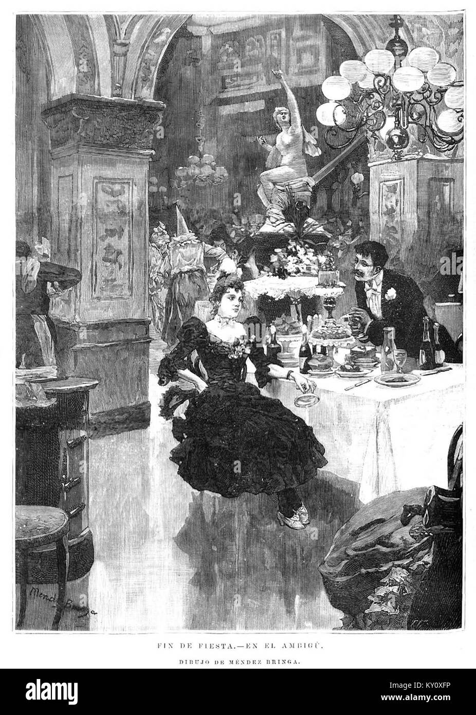 Fin de fiesta - EN el Ambigú ist ein Werk von Méndez Bringa, das eine soziale oder feierliche Szene darstellt. Es fängt das kulturelle Wesen der spanischen Festlichkeiten und die letzten Momente einer traditionellen Feier ein. Stockfoto