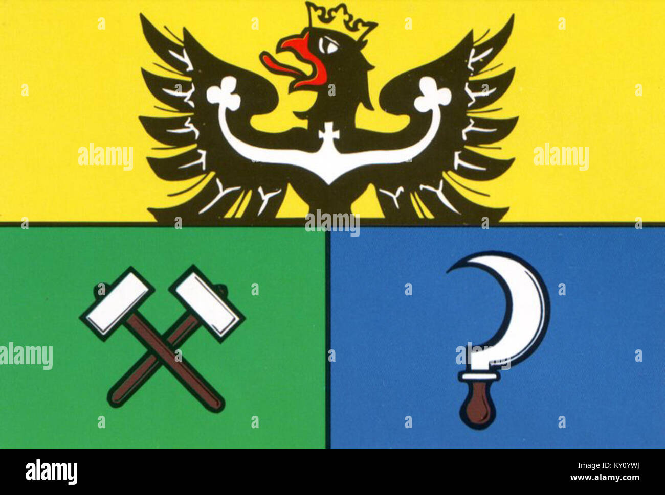 Die Flagge von Michálkovice, einer Gemeinde in der Tschechischen Republik, zeigt einen goldenen Schlesischen Adler mit rotem Schnabel und roter Zunge, gekrönt, über grünen und blauen Feldern mit natürlichen Werkzeugen und einer Sichel. Auf der Rückseite werden horizontale Streifen in Grün, weiß und Blau angezeigt. Stockfoto