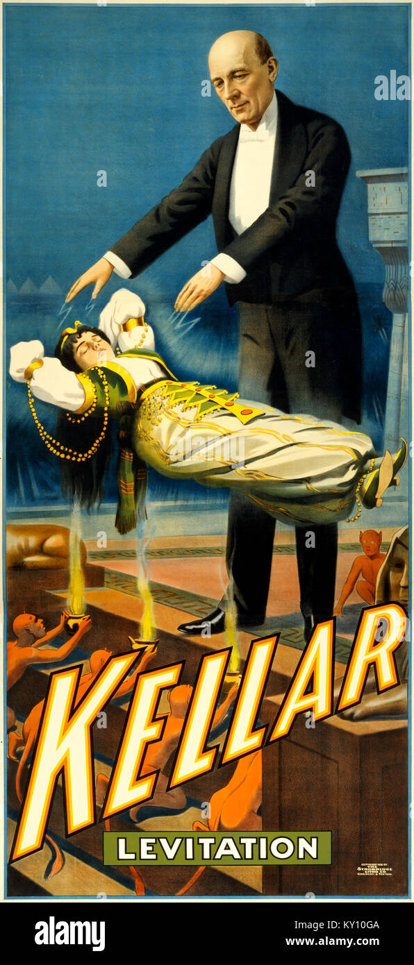 Levitation 3-Poster des Magiers Kellar aus dem Jahr 1900 veranschaulicht seine Levitation-Handlung und stellt Magie und Werbekunst des frühen 20. Jahrhunderts dar. Stockfoto