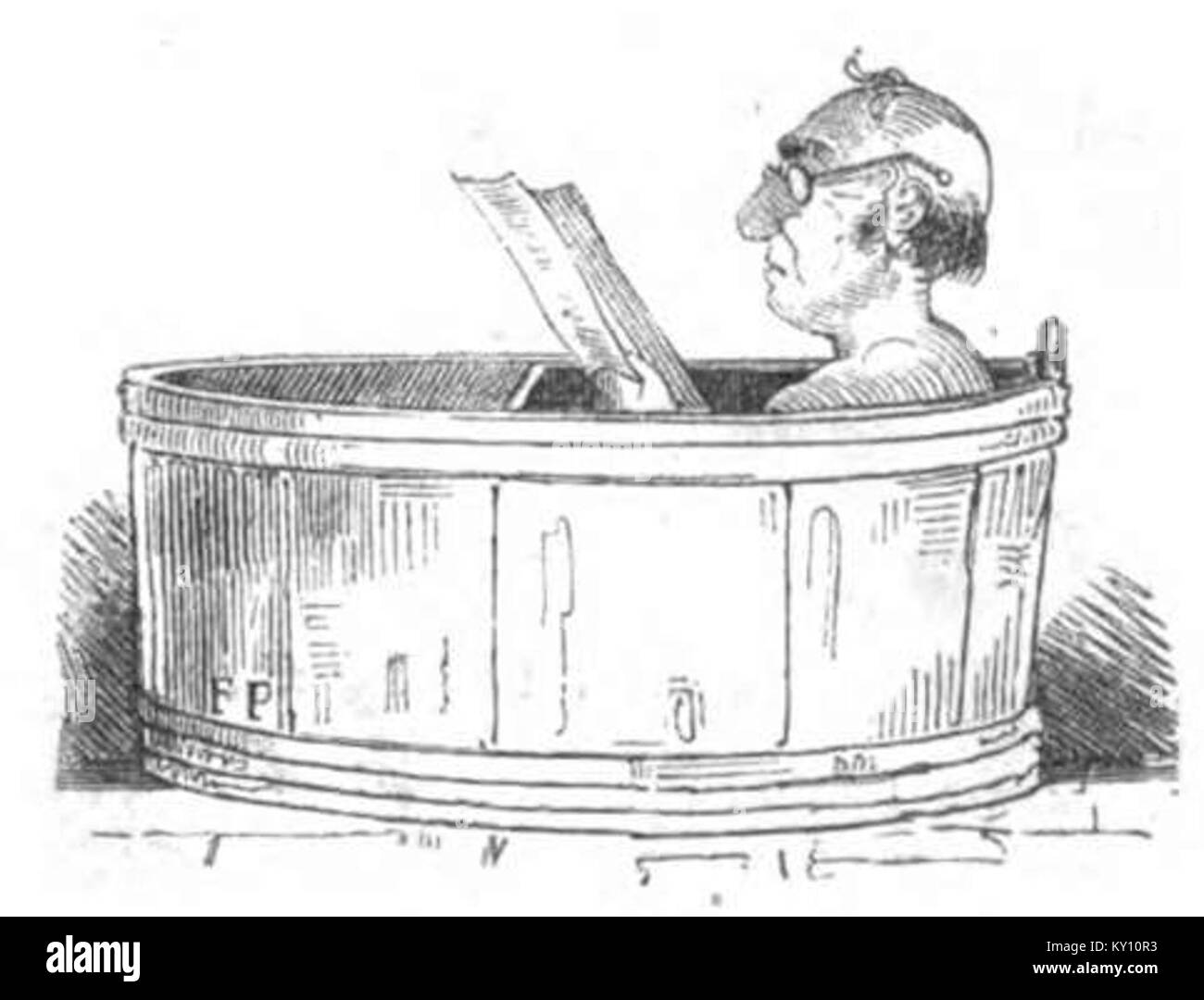 Eine Seite der deutschen Satirezeitschrift „Fliegende Blätter“ mit Humor und politischen Karikaturen, die den europäischen sozialen Kommentar und künstlerischen Ausdruck des 19. Jahrhunderts widerspiegeln. Stockfoto