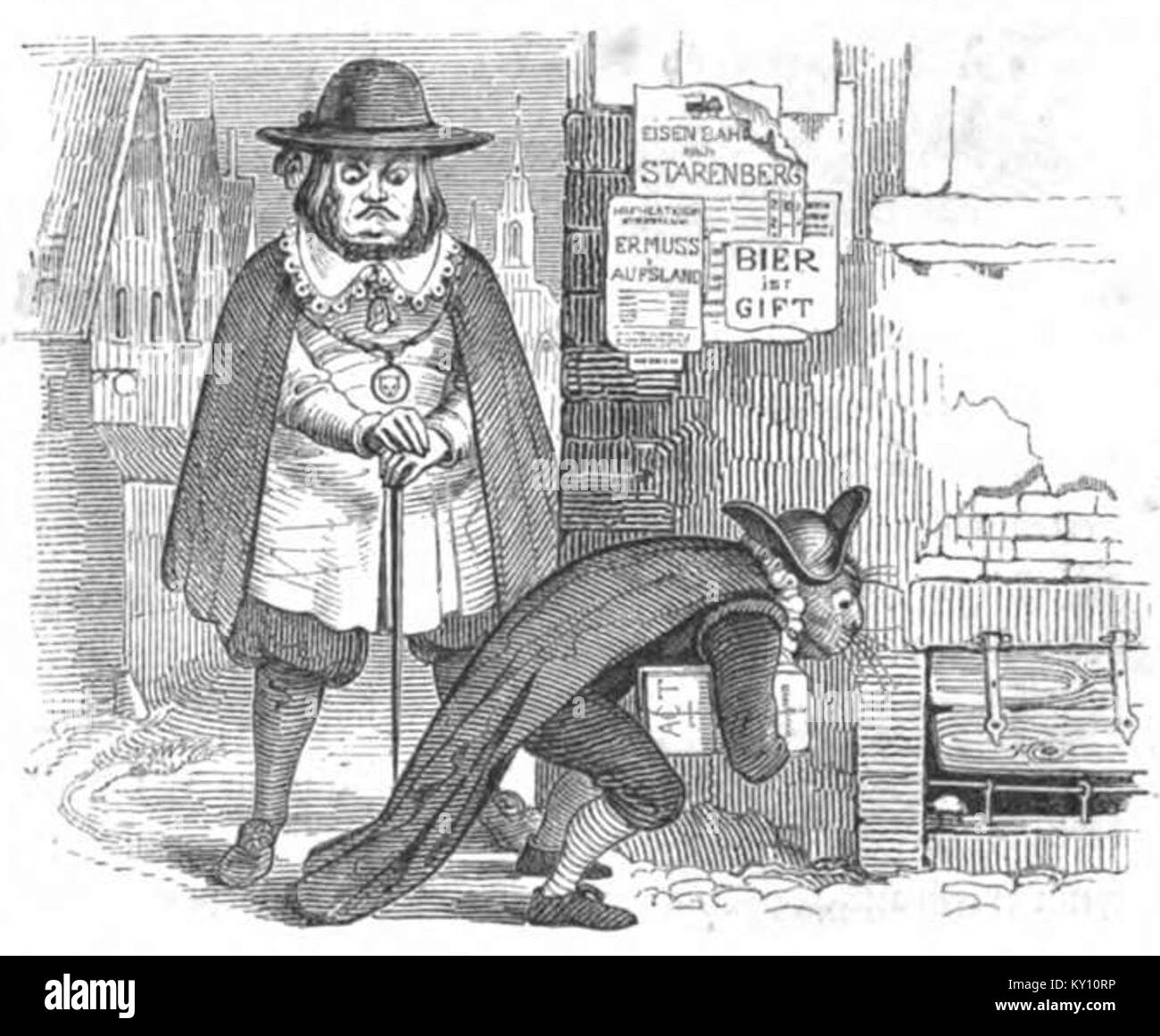 Diese Seite der Fliegenden Blätter zeigt humorvolle und satirische Szenen aus deutschen Publikationen des 19. Jahrhunderts, die kulturellen Kommentar und künstlerischen Stil der Zeit widerspiegeln. Stockfoto