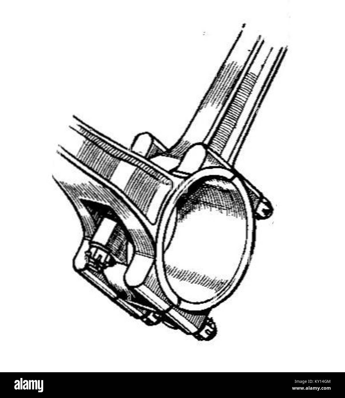 Eine technische Illustration aus der 13. Ausgabe des Autocar Handbuchs (1935), in der die gegabelten Pleuelstangen dargestellt werden und deren Konstruktion und mechanische Funktion in Automobilmaschinen detailliert dargestellt werden. Stockfoto