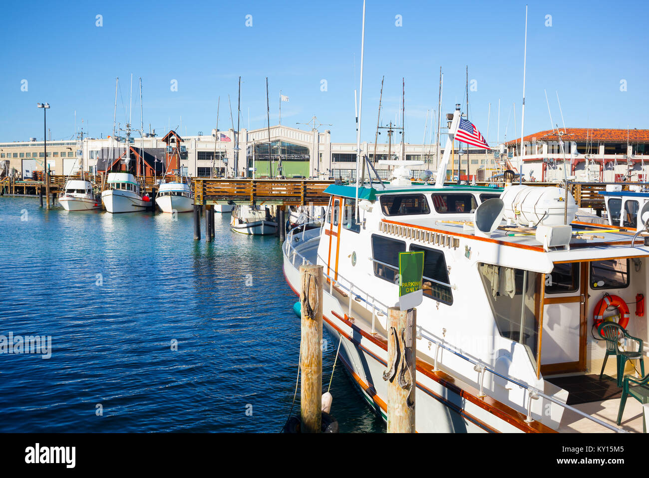 San Francisco Fisherman's Wharf Hafen mit Booten Stockfoto