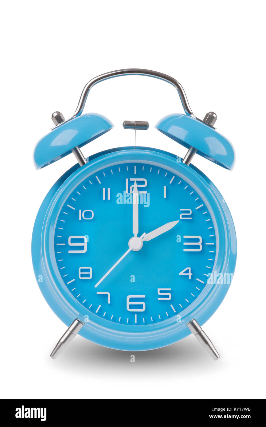 Blauer Alarm Clock mit den Händen um 2 Uhr morgens oder nachmittags auf einem weißen Hintergrund, Eines der 12 Bilder zeigen die Top der Stunde ab 1 Uhr Stockfoto