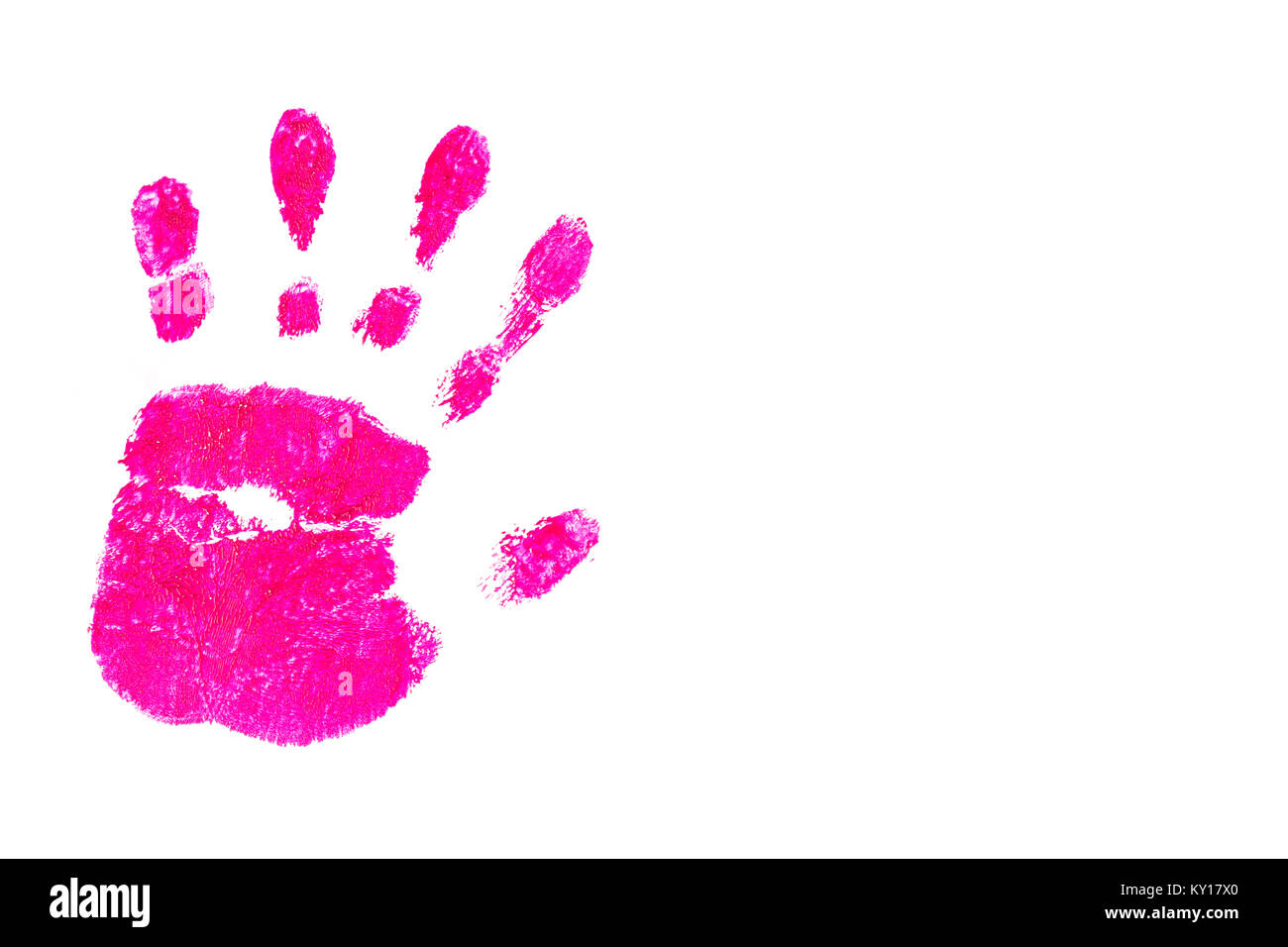 Bunte rosa handprint handbemalt von Kindern auf weißem Hintergrund Stockfoto