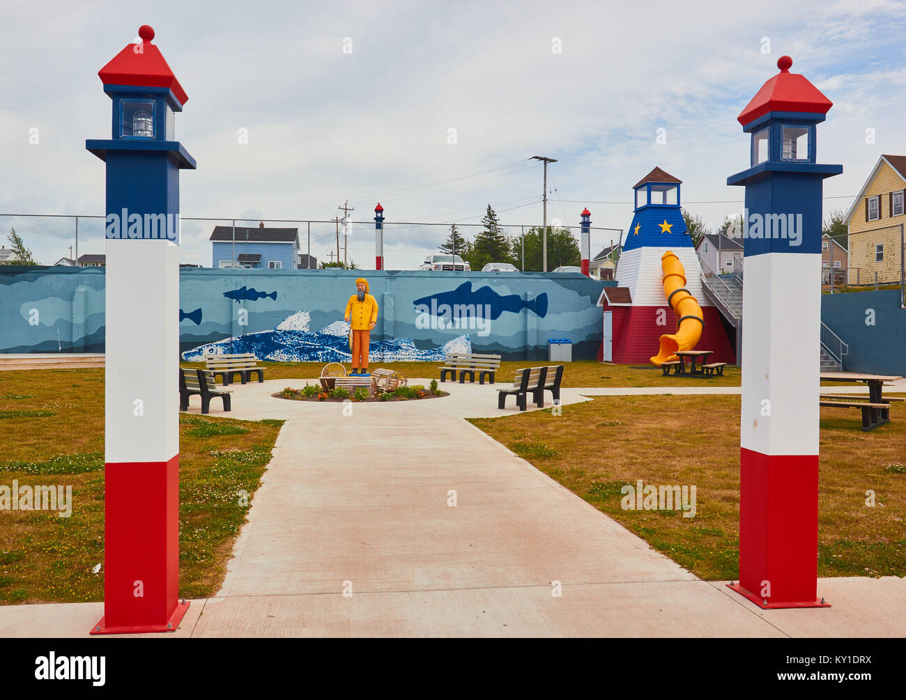 Fisch themed Spielplatz, Cheticamp, Cape Breton Island, Nova Scotia, Kanada. Stockfoto
