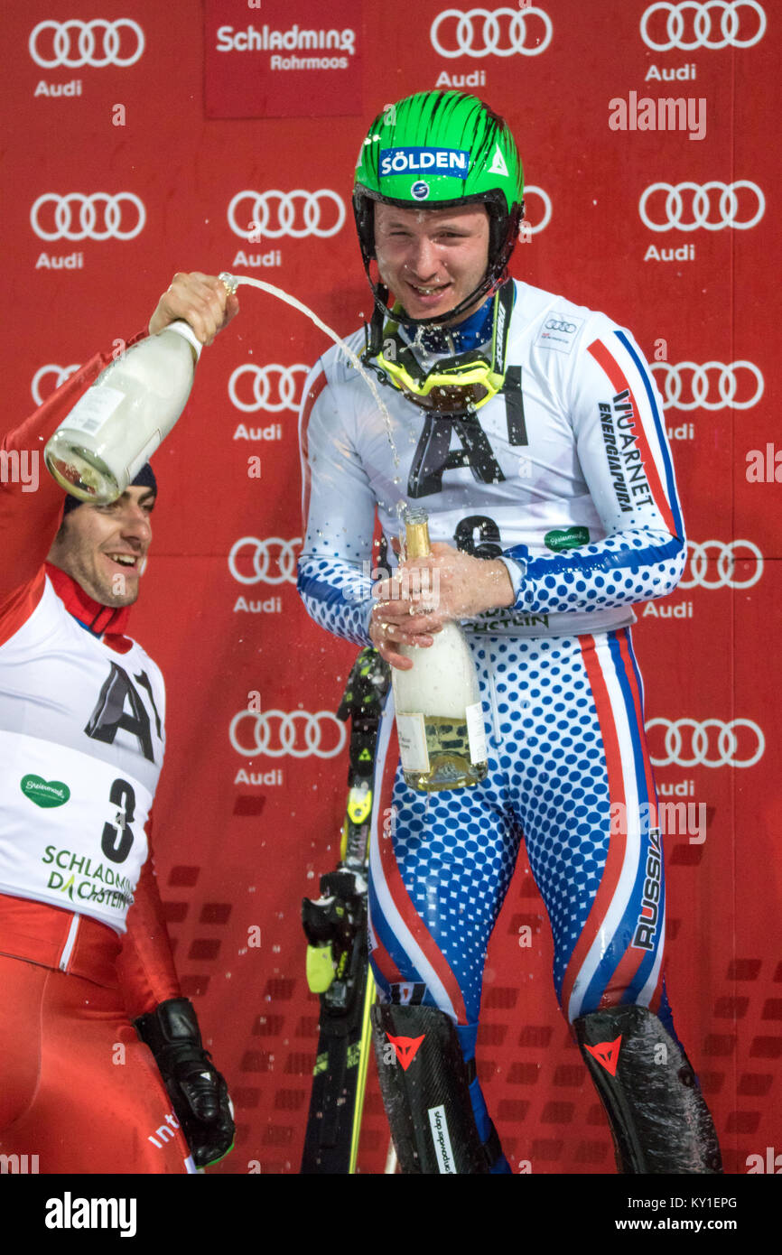 Die russische World Cup Alpine Ski Racer Alexander Khoroshilov war der schnellste Läufer in beiden Läufen (Gesamtzeit: 1:46:39) Der AUDI FIS Weltcup Slalom der Männer und damit der Sieger in Schladming. Photo Credit: Christoph Oberschneider. Stockfoto