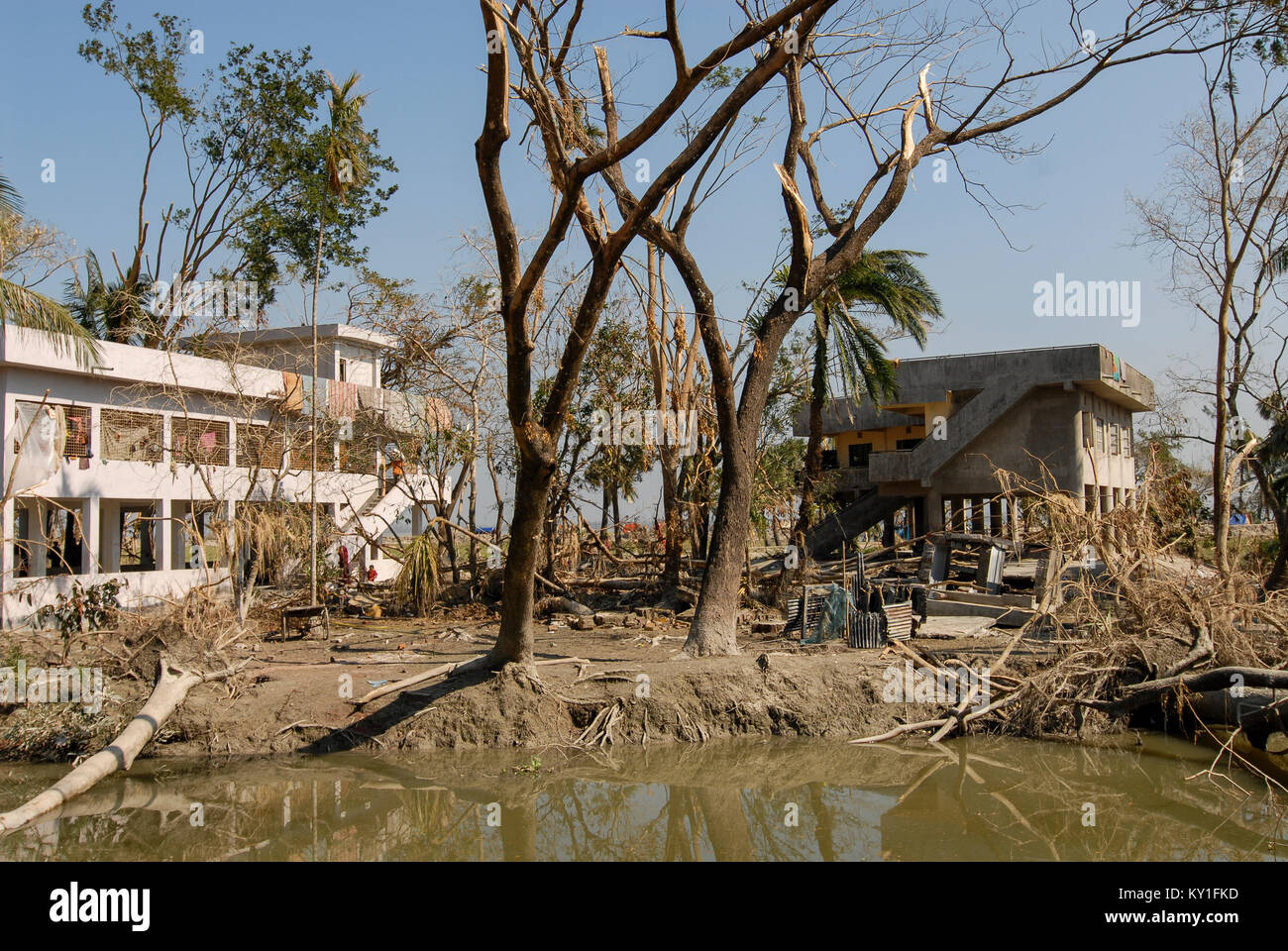 Bangladesch Zyklon Sidr und Flut zerstören Dörfer in Southkhali im Distrikt Bagerhat, Zyklon Flut Tierheim zwischen zerstörte Bäume Stockfoto