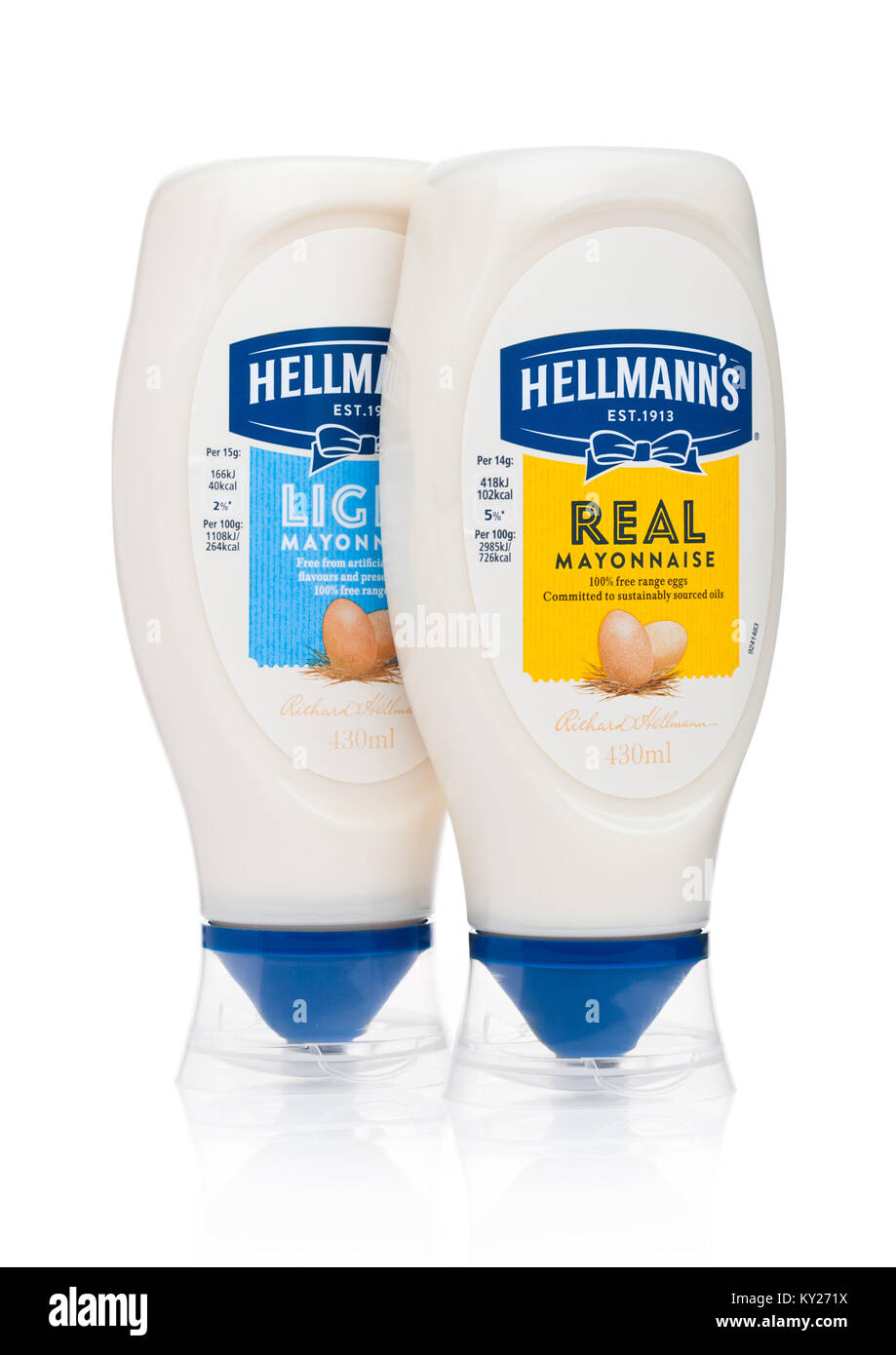 LONDON, Großbritannien - 02 Januar, 2018: Kunststoffbehälter von Hellmann's Mayonnaise auf weißem Hintergrund Stockfoto