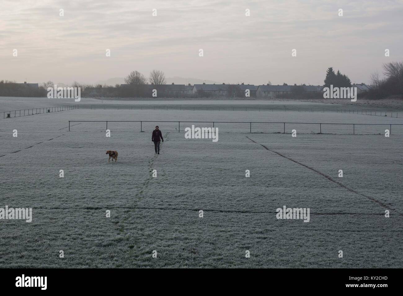 Cardiff, Wales, UK. 12. Januar 2018. Eine Frau und Hund Spaziergang über die Felder spielt in schweren Morgen Frost. Credit: Mark Hawkins/Alamy leben Nachrichten Stockfoto