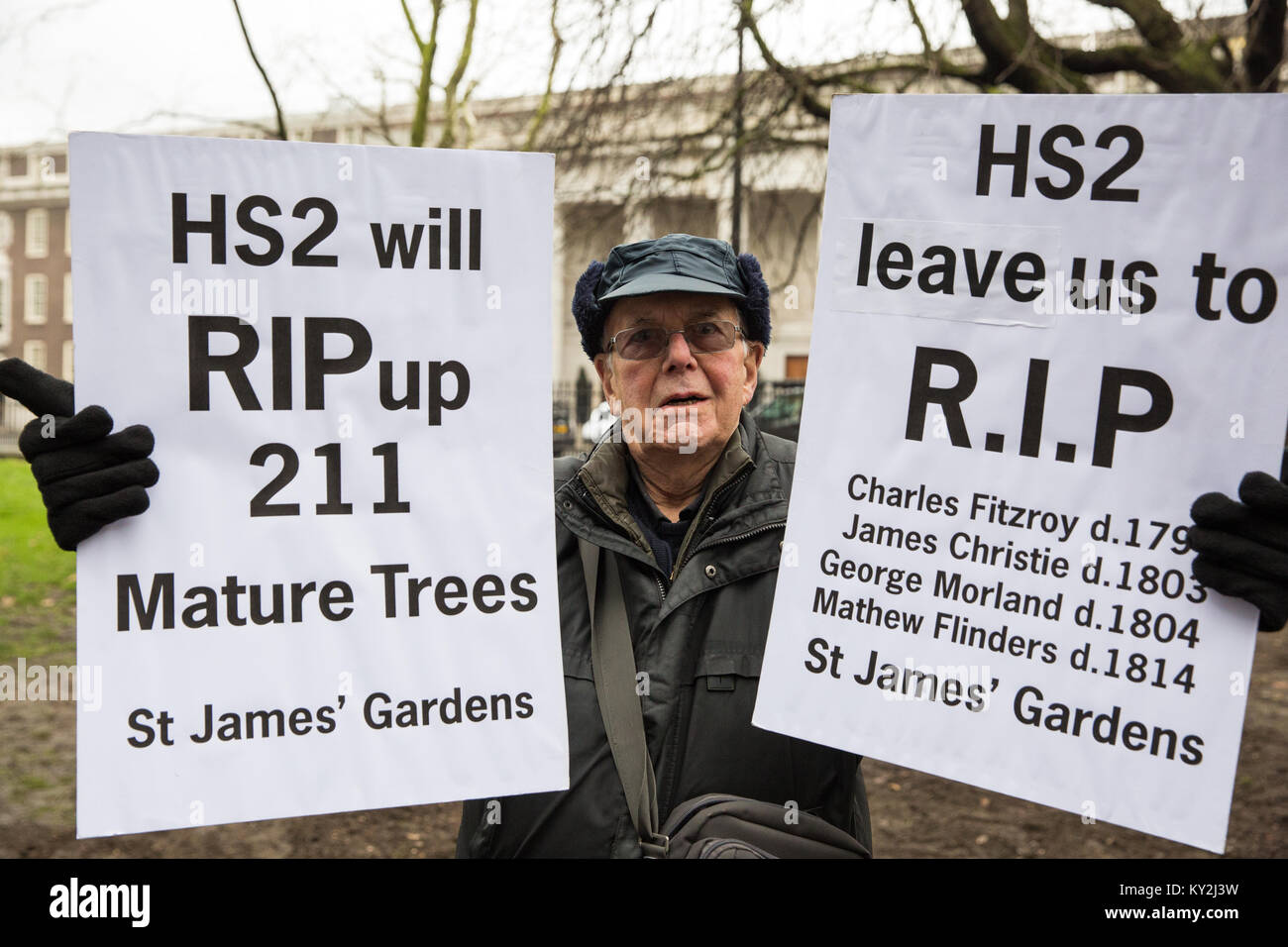 London, Großbritannien. Januar 2018. Anwohner und Umweltaktivisten protestieren gegen den geplanten Abschlag eines reifen Londoner Flugzeugs, Red Oak, Common Lime, Gemeinsame Weißbeam- und Wilddienstbäume in den Euston Square Gardens, um im Rahmen der Vorbereitungen für die HS2-Bahnstrecke temporäre Baustellen und einen verdrängten Taxistand freizumachen. Kredit: Mark Kerrison/Alamy Live Nachrichten Stockfoto